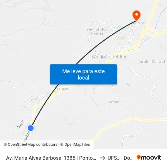 Av. Maria Alves Barbosa, 1385 | Ponto Final Das Linhas 1, 2 E 30 to UFSJ - Dom Bosco map