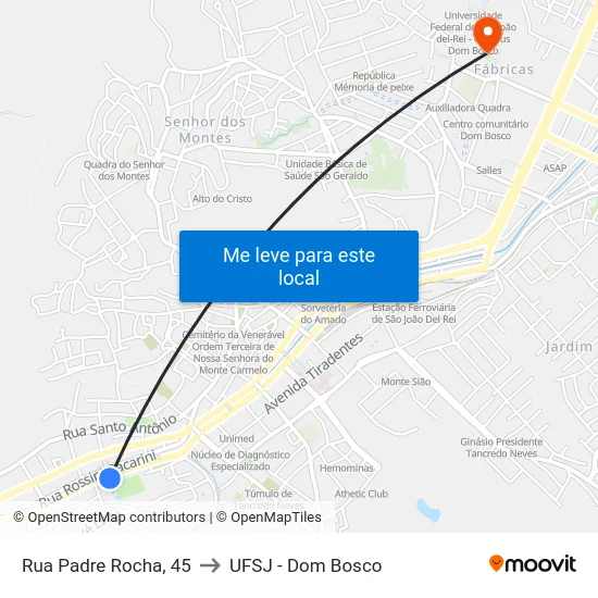 Rua Padre Rocha, 45 to UFSJ - Dom Bosco map