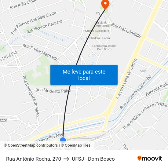 Rua Antônio Rocha, 270 to UFSJ - Dom Bosco map