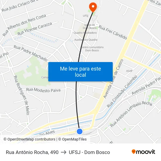 Rua Antônio Rocha, 490 to UFSJ - Dom Bosco map