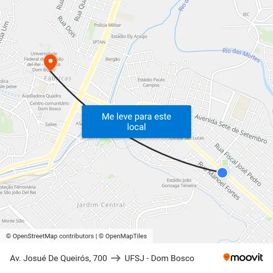 Av. Josué De Queirós, 700 to UFSJ - Dom Bosco map