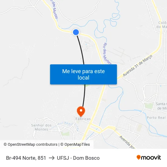 Br-494 Norte, 851 to UFSJ - Dom Bosco map