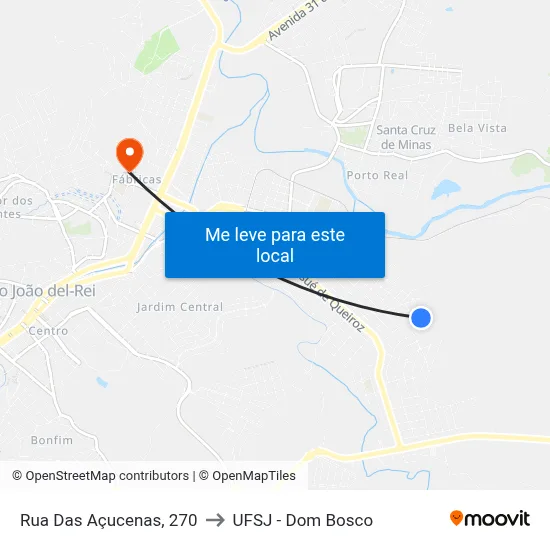 Rua Das Açucenas, 270 to UFSJ - Dom Bosco map