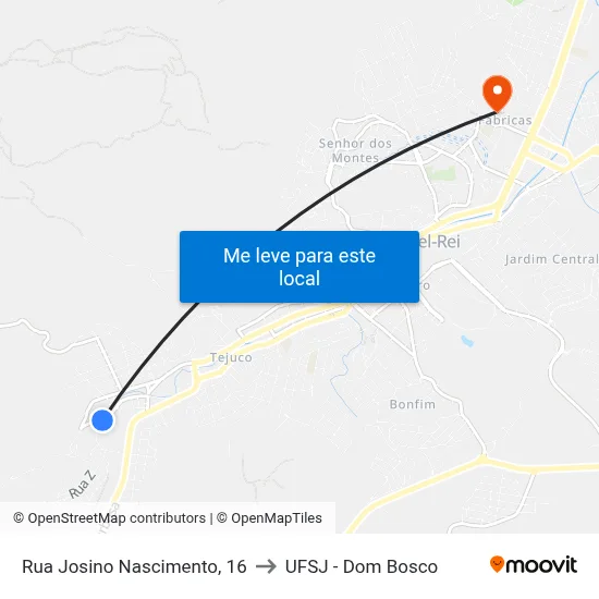 Rua Josino Nascimento, 16 to UFSJ - Dom Bosco map