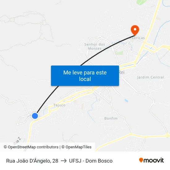 Rua João D’Ângelo, 28 to UFSJ - Dom Bosco map