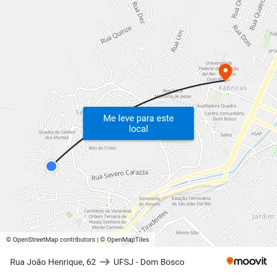 Rua João Henrique, 62 to UFSJ - Dom Bosco map
