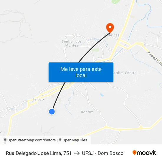 Rua Delegado José Lima, 751 to UFSJ - Dom Bosco map