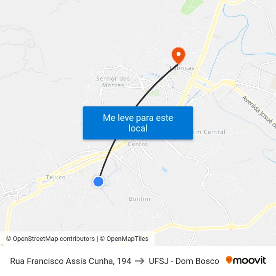 Rua Francisco Assis Cunha, 194 to UFSJ - Dom Bosco map