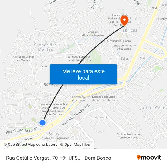 Rua Getúlio Vargas, 70 to UFSJ - Dom Bosco map