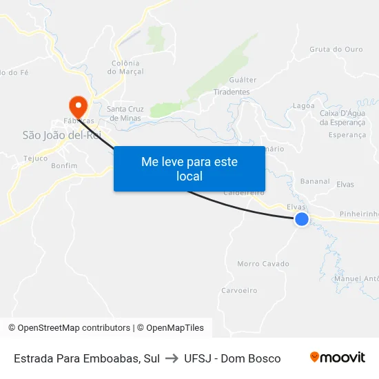 Estrada Para Emboabas, Sul to UFSJ - Dom Bosco map