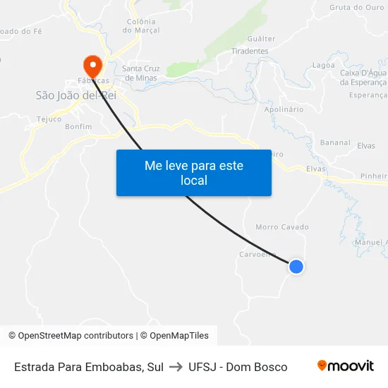 Estrada Para Emboabas, Sul to UFSJ - Dom Bosco map