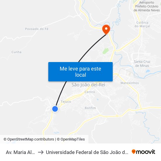 Av. Maria Alves Barbosa, 507 to Universidade Federal de São João del-Rei (UFSJ/ Campus Tancredo Neves/ CTan) map