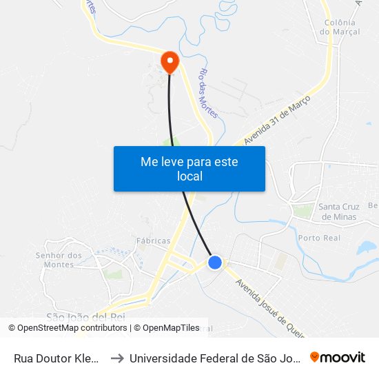 Rua Doutor Kleber Vasques Filgueiras, 112 to Universidade Federal de São João del-Rei (UFSJ/ Campus Tancredo Neves/ CTan) map