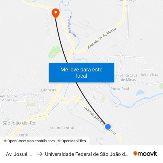 Av. Josué De Queirós, 1090 to Universidade Federal de São João del-Rei (UFSJ/ Campus Tancredo Neves/ CTan) map