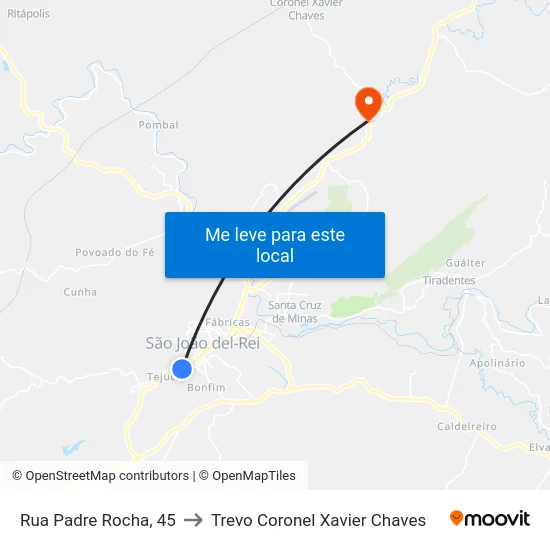 Rua Padre Rocha, 45 to Trevo Coronel Xavier Chaves map