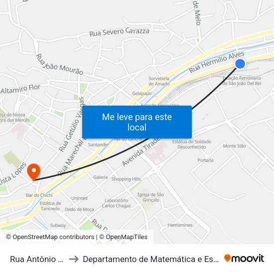 Rua Antônio Rocha, 270 to Departamento de Matemática e Estatística - DEMAT / UFSJ map