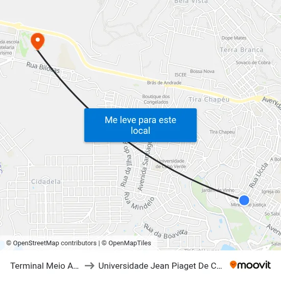 Terminal Meio Achada to Universidade Jean Piaget De Cabo Verde map