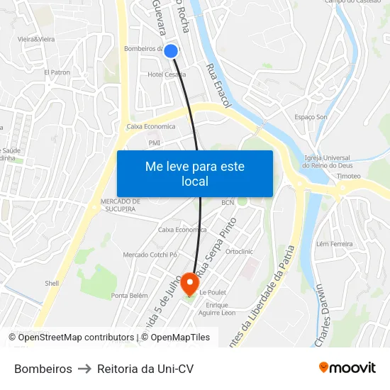 Bombeiros to Reitoria da Uni-CV map