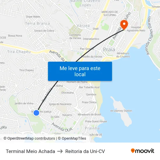 Terminal Meio Achada to Reitoria da Uni-CV map