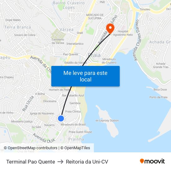 Terminal Pao Quente to Reitoria da Uni-CV map
