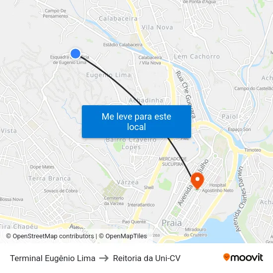 Terminal Eugênio Lima to Reitoria da Uni-CV map