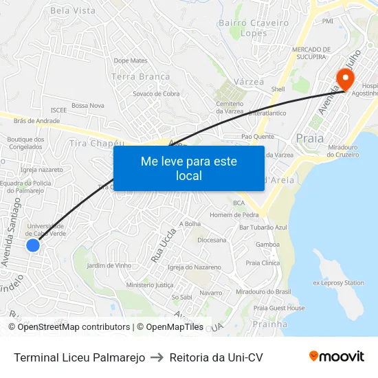 Terminal Liceu Palmarejo to Reitoria da Uni-CV map
