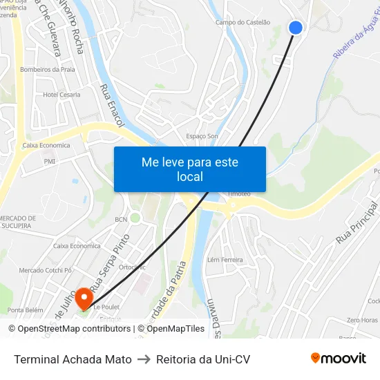 Terminal Achada Mato to Reitoria da Uni-CV map