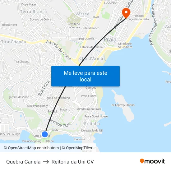Quebra Canela to Reitoria da Uni-CV map