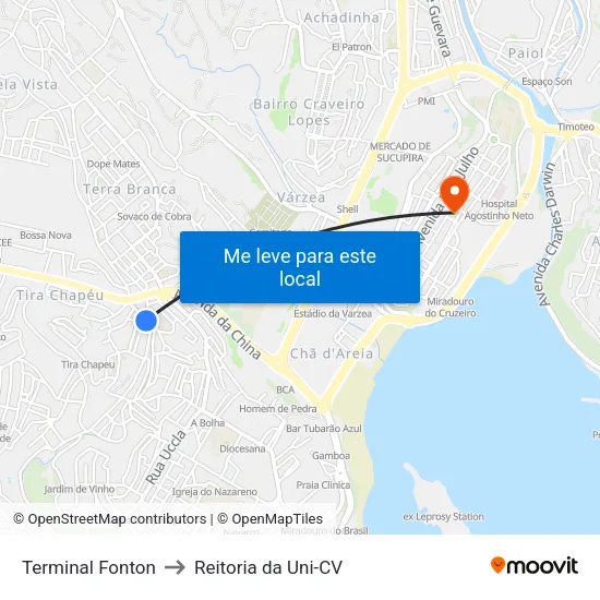 Terminal Fonton to Reitoria da Uni-CV map