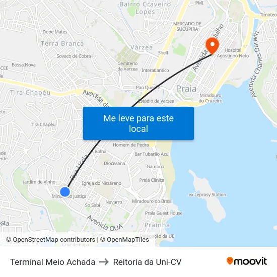 Terminal Meio Achada to Reitoria da Uni-CV map
