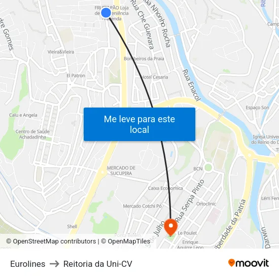 Eurolines to Reitoria da Uni-CV map