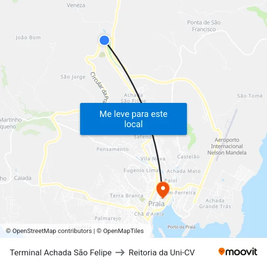 Terminal Achada São Felipe to Reitoria da Uni-CV map