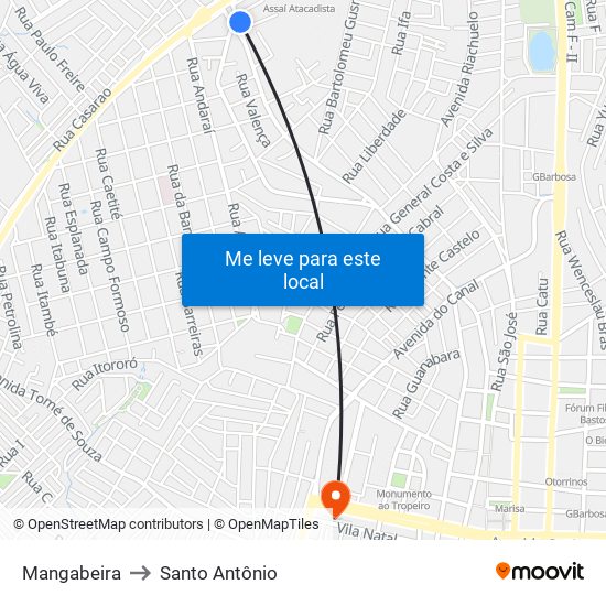 Mangabeira to Santo Antônio map