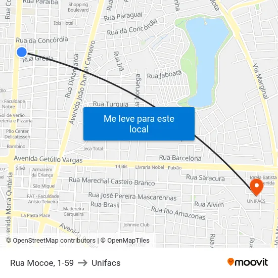 Rua Mocoe, 1-59 to Unifacs map