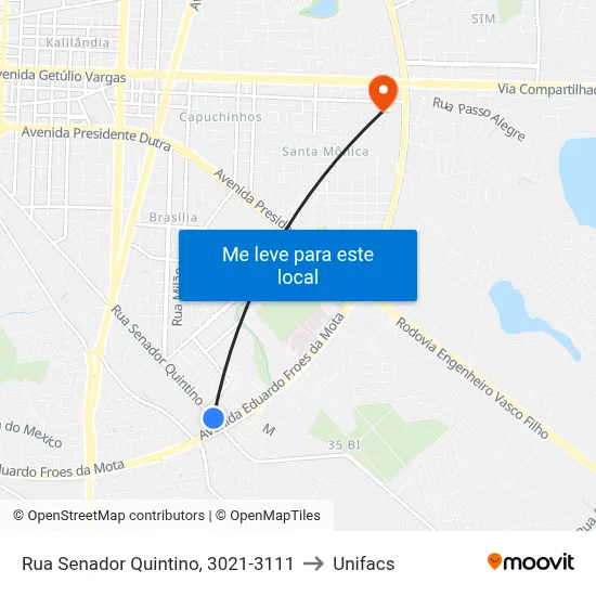 Rua Senador Quintino, 3021-3111 to Unifacs map