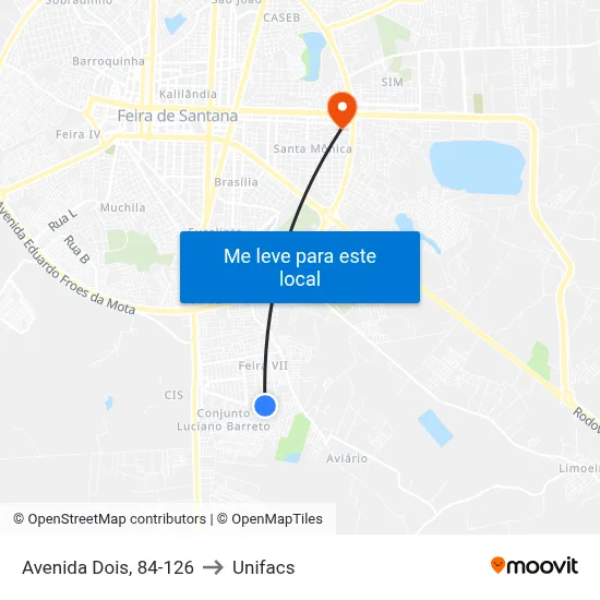 Avenida Dois, 84-126 to Unifacs map