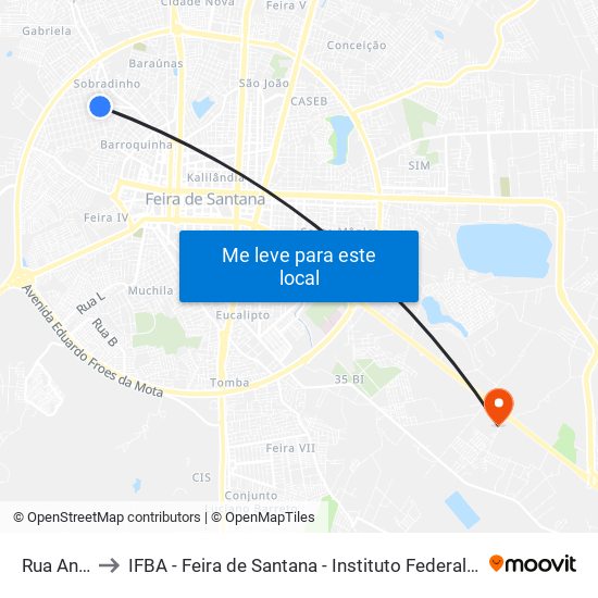 Rua Andaraí, 528 to IFBA - Feira de Santana - Instituto Federal de Educação Ciencias e Tecnologia da Bahia map