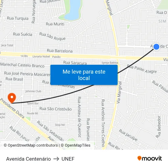 Avenida Centenário to UNEF map