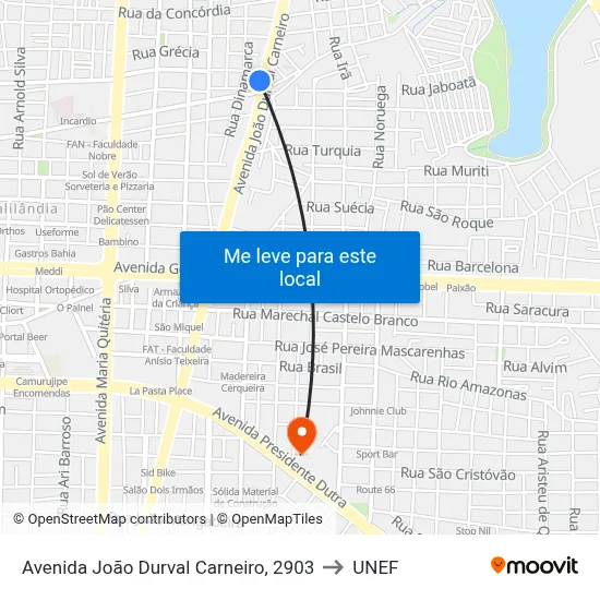 Avenida João Durval Carneiro, 2903 to UNEF map