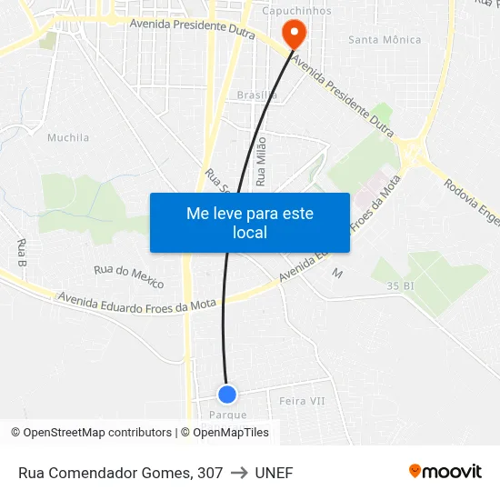 Rua Comendador Gomes, 307 to UNEF map