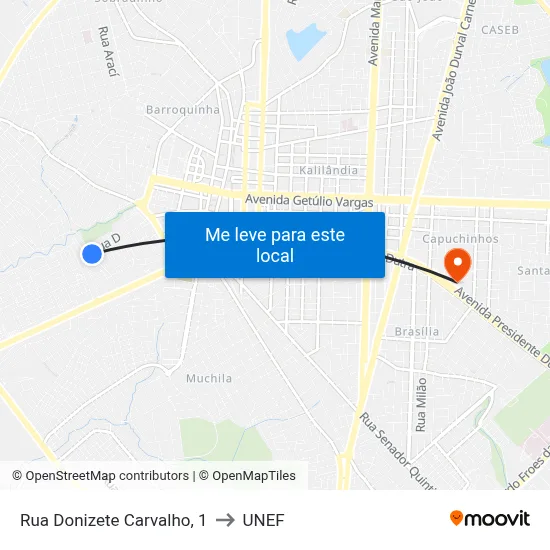 Rua Donizete Carvalho, 1 to UNEF map