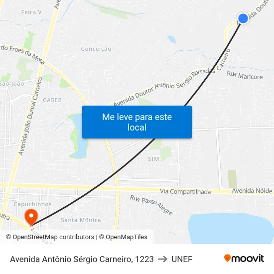 Avenida Antônio Sérgio Carneiro, 1223 to UNEF map