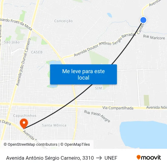 Avenida Antônio Sérgio Carneiro, 3310 to UNEF map