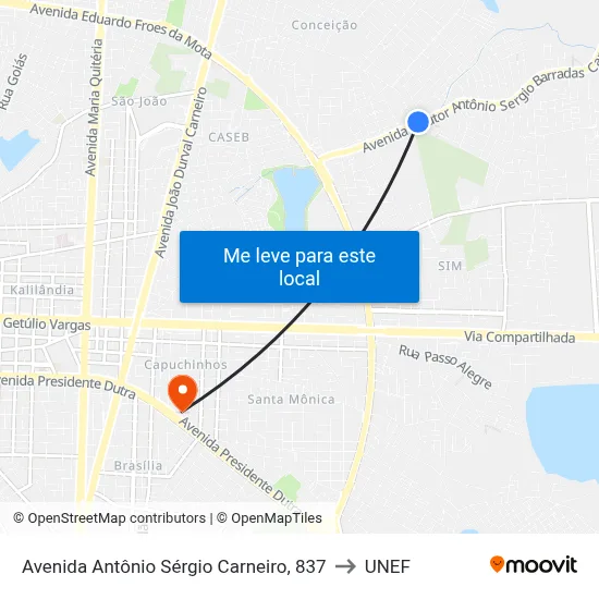 Avenida Antônio Sérgio Carneiro, 837 to UNEF map