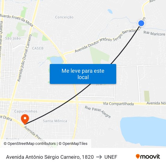 Avenida Antônio Sérgio Carneiro, 1820 to UNEF map