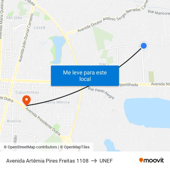 Avenida Artêmia Pires Freitas 1108 to UNEF map