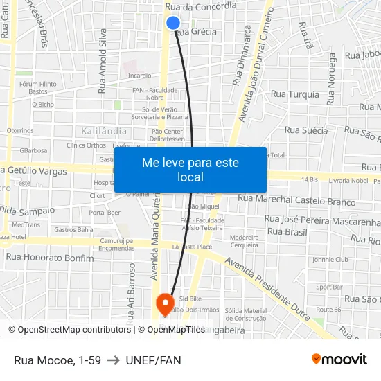 Rua Mocoe, 1-59 to UNEF/FAN map