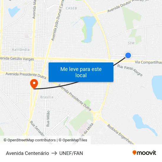 Avenida Centenário to UNEF/FAN map