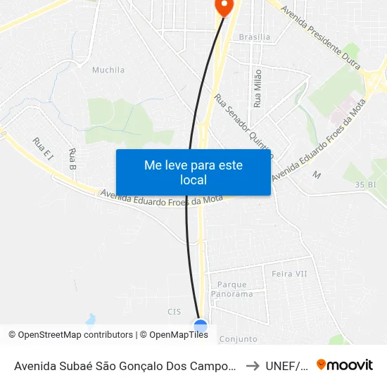 Avenida Subaé São Gonçalo Dos Campos, 1353-1399 to UNEF/FAN map
