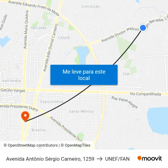 Avenida Antônio Sérgio Carneiro, 1259 to UNEF/FAN map